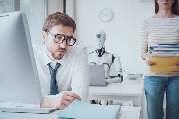 istock Business people and robot working in the office 1518661416