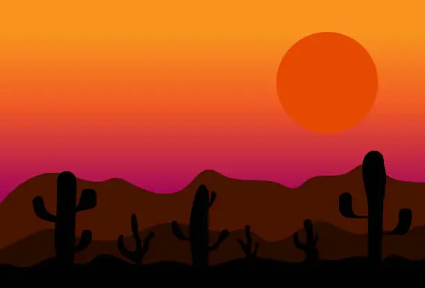 Vector illustration of Abstract mountains texas landscape. Colorful desert landscape with cactus trees. Wild West