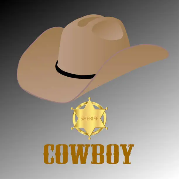 Vector illustration of Cowboy hat and Gold sheriff's star badge. Wild West. vector