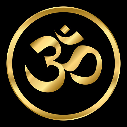 Gold Sacred OM sign on black background.
Om or Aum Indian sacred sound. indian Diwali spiritual sign Om.