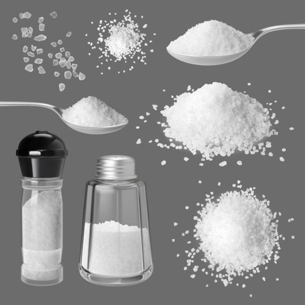 ilustrações de stock, clip art, desenhos animados e ícones de realistic salt crystals, 3d mineral cooking ingredients. edible salting crystal grains, spices and herbs. metal spoon and glass shaker pithy vector set - salt crystal spoon food