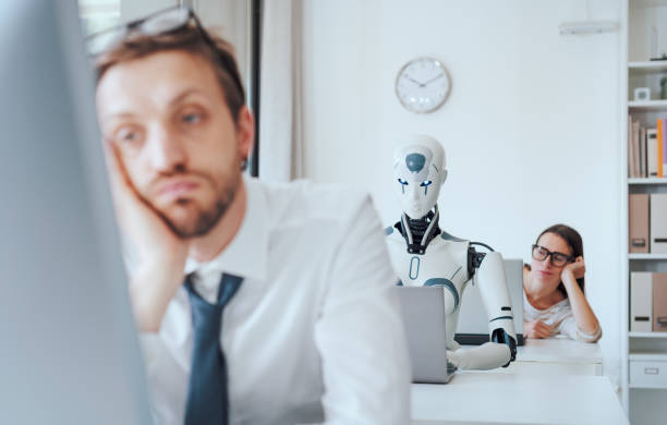 istock Bored frustrated business people and AI robot 1518670817