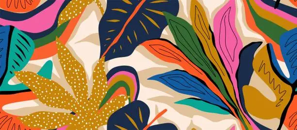 Vector illustration of leaf and flower abstract seamless pattern.