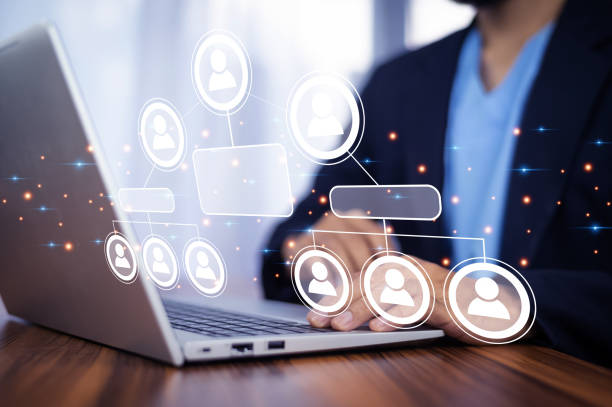 istock Business team management concept, Businessman touch visual screen for organization group of employee manage manpower to success in business strategy. Leader project team management, HR human resource 1518690392