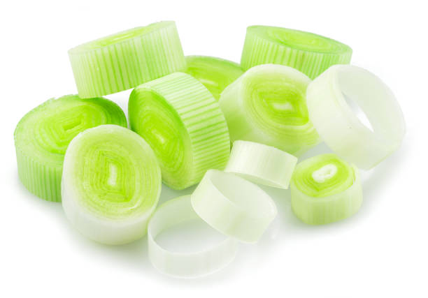 istock Fresh chopped leek isolated on white background. 1518696122