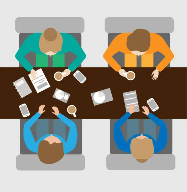 Vector illustration of business people meeting at table .group of business people. top view
