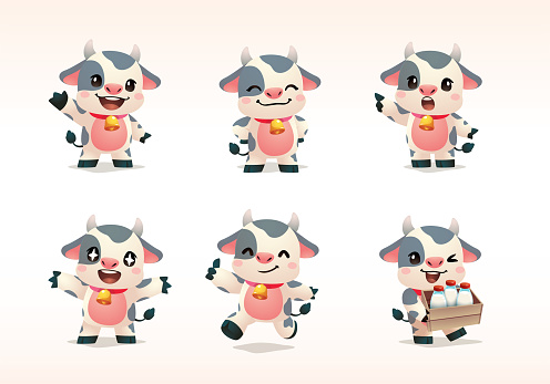 cute chibi cartoon cow ox character mascot stock vector collection set