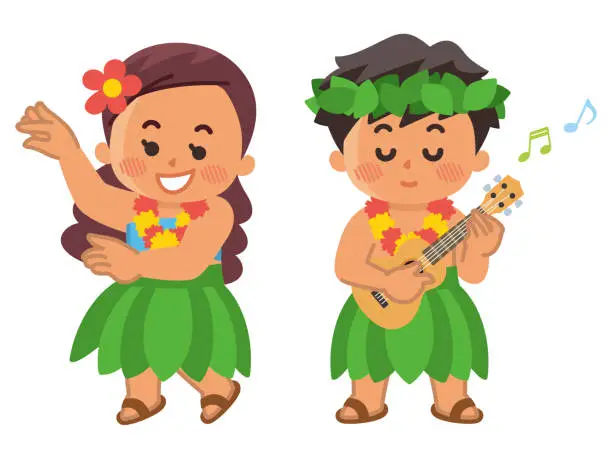 Vector illustration of hawaiian children. A boy playing the ukulele. A girl who dances the hula.