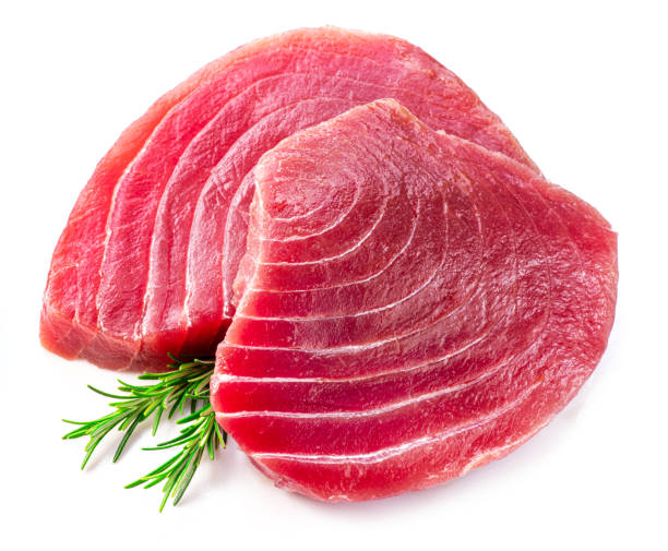 fresh tuna steaks isolated on white background. - tuna tuna steak raw freshness imagens e fotografias de stock