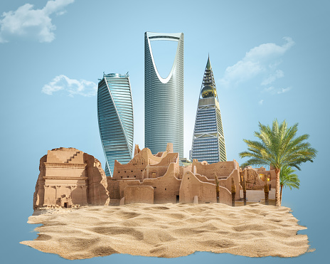 Reino de Arabia Saudita skyline con naturaleza. Celebrando el Día Nacional. Plantilla de diseño abstracto. Arco viejo y arena de dunas, ilustración 3D. photo