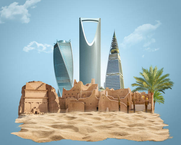 royaume d’arabie saoudite skyline avec la nature. célébrer la fête nationale. modèle de conception abstraite. ancienne arche et sable de dune, illustration 3d. - saudi arabia riyadh arabia tower photos et images de collection