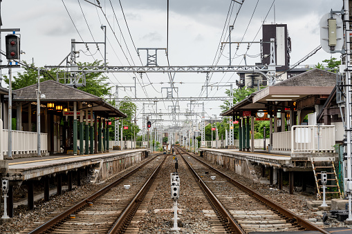 Kyoto, Japan - June 12 2023 : Matsuo-taisha Station platform. Hankyu Arashiyama Line.