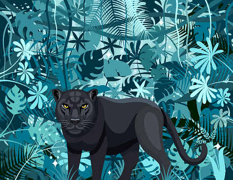 Black Leopard in the jungle. Mascot Creative Logo Design. Black Panther and Rainforest.