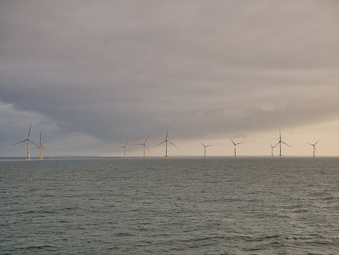 The wind turbines of the Aberdeen Offshore Wind Farm in the North Sea off Aberdeen, Scotland, UK.