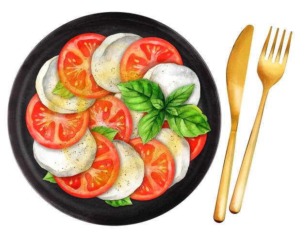 ilustraciones, imágenes clip art, dibujos animados e iconos de stock de ensalada italiana caprese con tomates y mozzarella. ilustración en acuarela - caprese salad salad restaurant vinegar