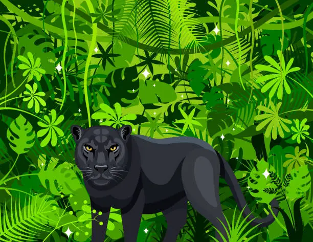 Vector illustration of Black Leopard in the jungle. Mascot Creative Logo Design.