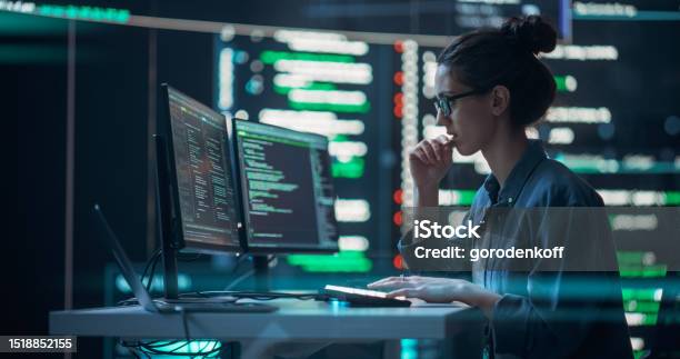 Female Developer Thinking And Typing On Computer Surrounded By Big ...