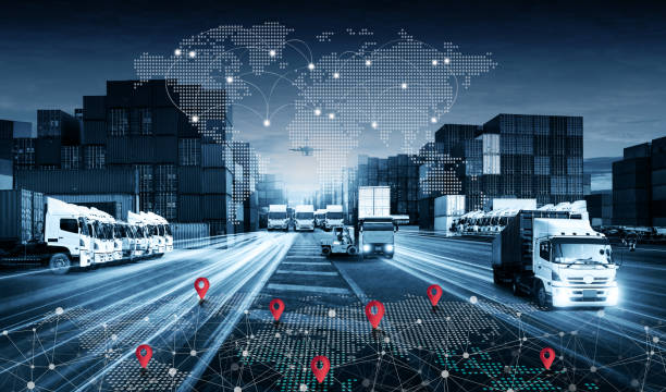 istock World map with logistic network distribution on background. Logistic and network transport concept in front Logistics Industrial Container Cargo freight ship 1518863786