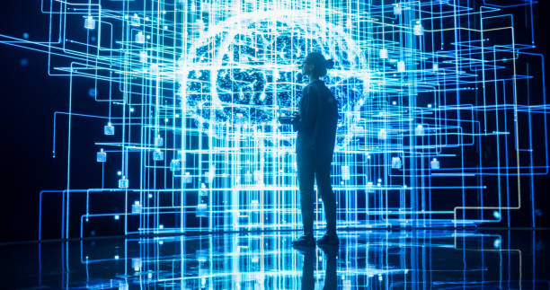 Back View of Young Woman Looking at a Big Screen with Neural Network 3D Visualisation. Professional Computer Data Science Engineer Working in System Control Room and Monitoring Telecommunications