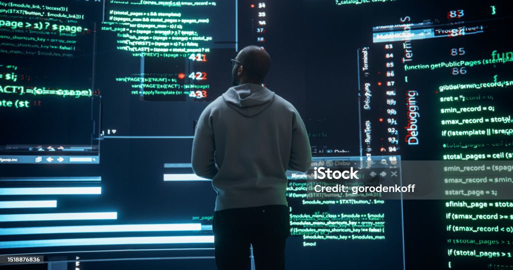 Back View Of Young Black Man Looking At Big Digital Screens Glitching ...
