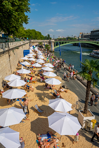 Paris, France, Overview, Paris Beach on Seine River, Umbrellas, Paris Plages