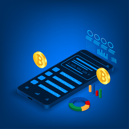 Vector finance and trading cryptocurrency online application concept. Mobilephone and graph hologram isometric.