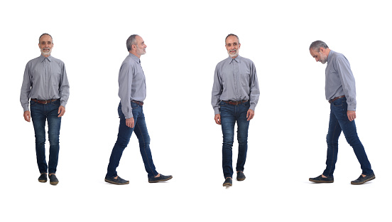 group of same middle aged man walking on white background