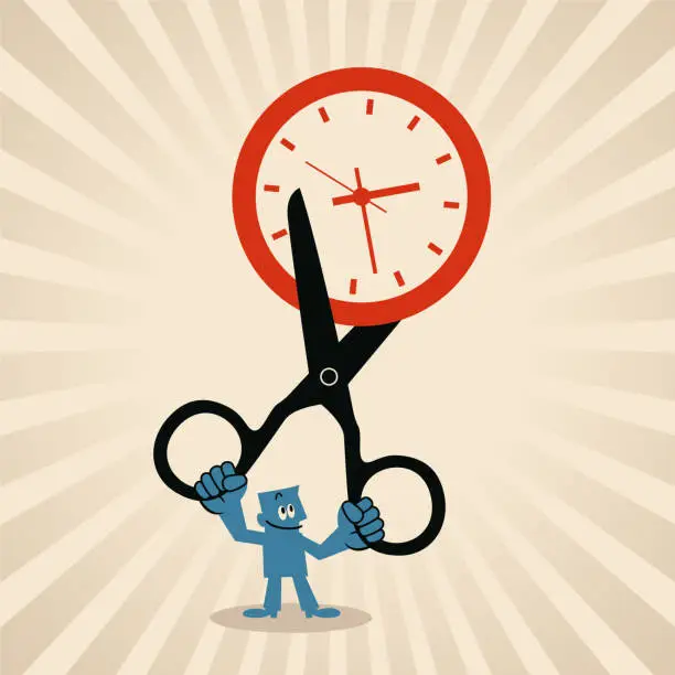 Vector illustration of A man cutting Time with scissors, adjusting time allocation, saving time cost, and Time management