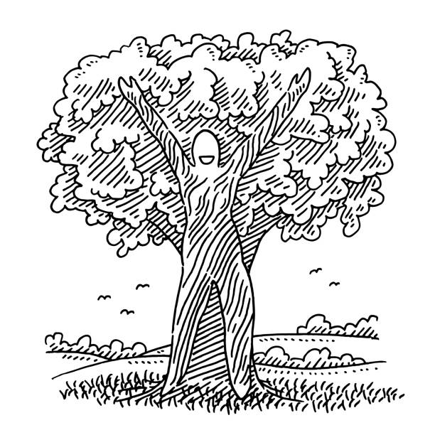 Bark Woman Spreaded Arms In Front Of Tree Drawing Hand-drawn vector drawing of a Bark Woman with Spreaded Arms In Front Of a big Tree. Black-and-White sketch on a transparent background (.eps-file). Included files are EPS (v10) and Hi-Res JPG. spirituality smiling black and white line art stock illustrations