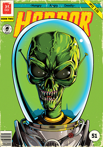 Angry green alien monster in a spacesuit, retro comic book style