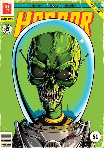 Vector illustration of Green alien in spacesuit comic book poster