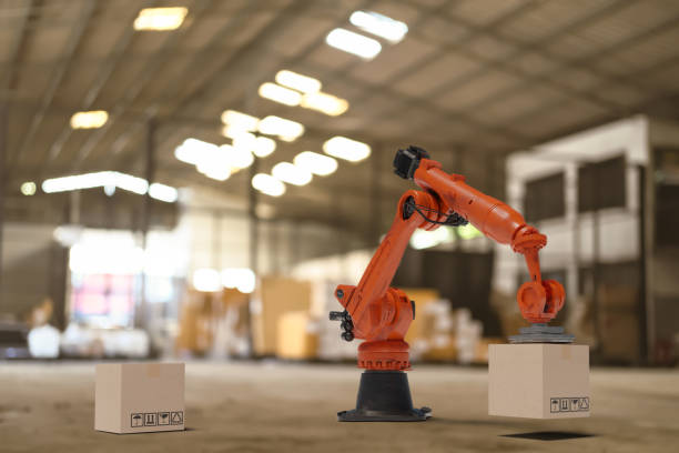 istock Arm Robot AI manufacture Box product Object for manufacturing industry technology Product export and import of future For Products, food, cosmetics, apparel warehouse mechanical future technology 1518920246