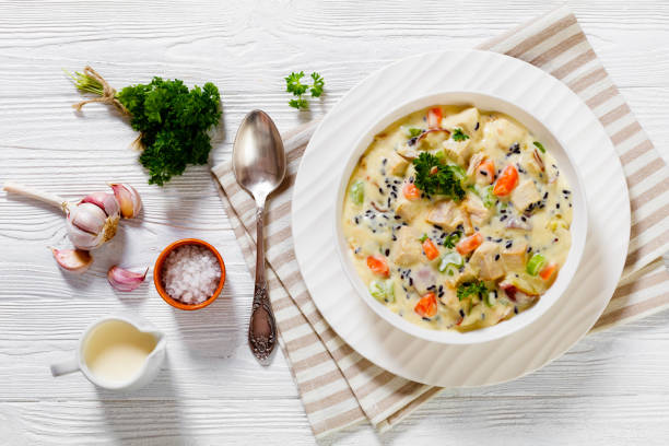 istock Turkey Wild Rice Soup in bowl, top view 1518923452