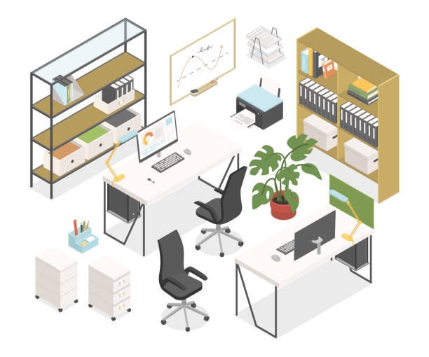 stockillustraties, clipart, cartoons en iconen met office workplace - modern vector colorful isometric object set - plank meubels