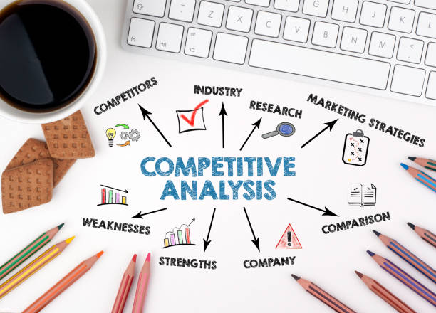 istock COMPETITIVE ANALYSIS Concept. Chart with keywords and icons. White office desk 1518970259