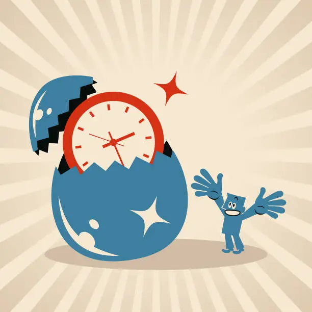 Vector illustration of A man happily watches time being born from an egg