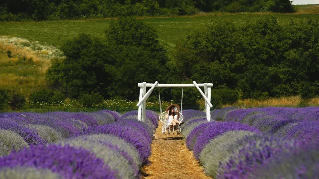 Girl sitting on a white wooden swing or bench in a lavender field of flowers. A woman walks and enjoys the floral glade and summer nature. Closeup. Natural cosmetics concept. France, Provence.