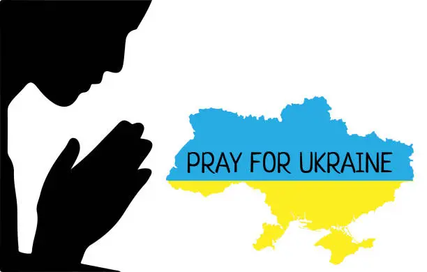 Vector illustration of Map of Ukraine with ink flag and an inscription Pray for Ukraine. Pray For Ukraine peace.