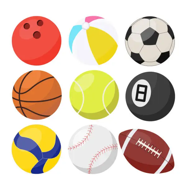 Vector illustration of Sports balls. Ball for football, tennis, volleyball, baseball and football. Children's ball.