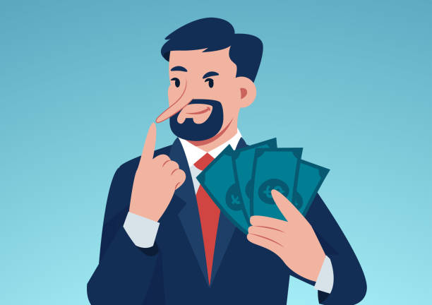 ilustrações, clipart, desenhos animados e ícones de conceito de fraude financeira. vetor de um empresário mentiroso com dinheiro em dólar - greed