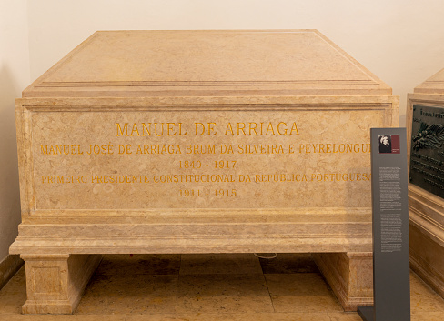 Imposing coffin of Manuel de Arriaga inside the National Pantheon in Lisbon