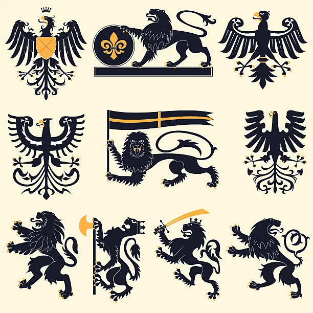 Vector illustration of Heraldic lions and eagles
