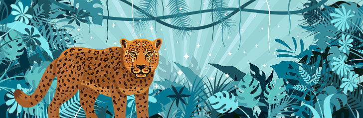 Leopard in the bushes. Mascot Creative Logo Design. Tropical Rainforest Banner. Jungle Frame Poster.