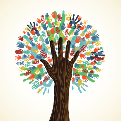 Diversity tree hands illustration background with human wooden hand trunk. Vector illustration layered for easy manipulation and custom coloring.