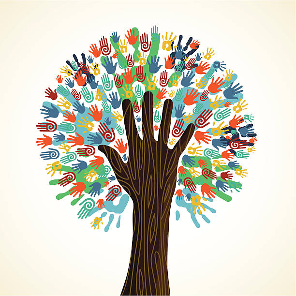 Diversity tree hands illustration Diversity tree hands illustration background with human wooden hand trunk. Vector illustration layered for easy manipulation and custom coloring. hope concept illustrations stock illustrations