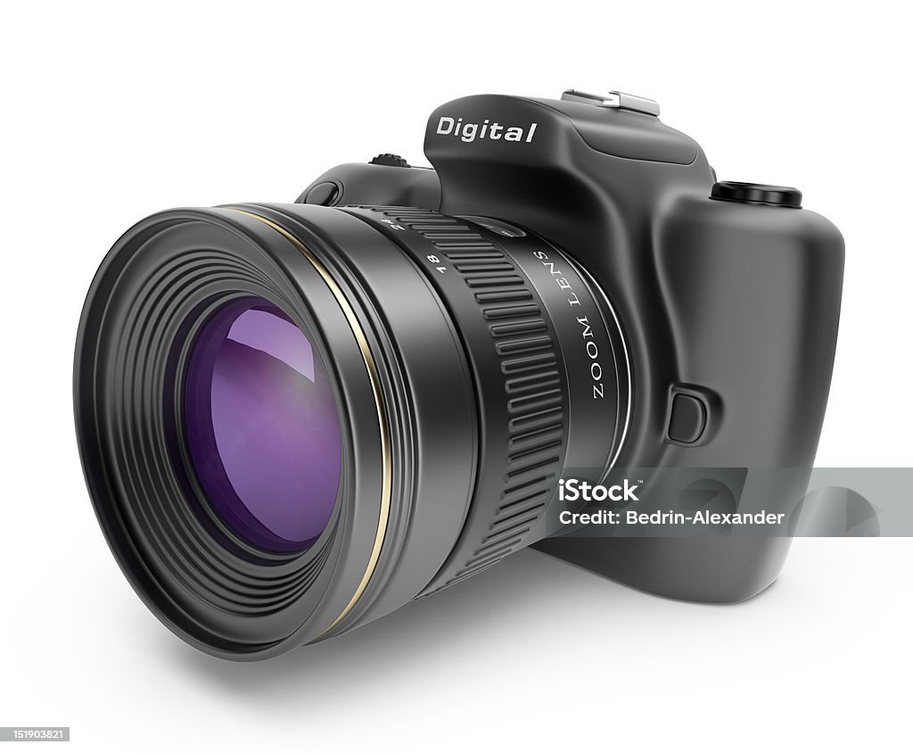 3D realistic illustration of a digital DSLR camera with lens Digital photo camera. 3D Icon isolated on white background Camera - Photographic Equipment Stock Photo