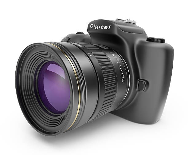 3D realistic illustration of a digital DSLR camera with lens stock photo