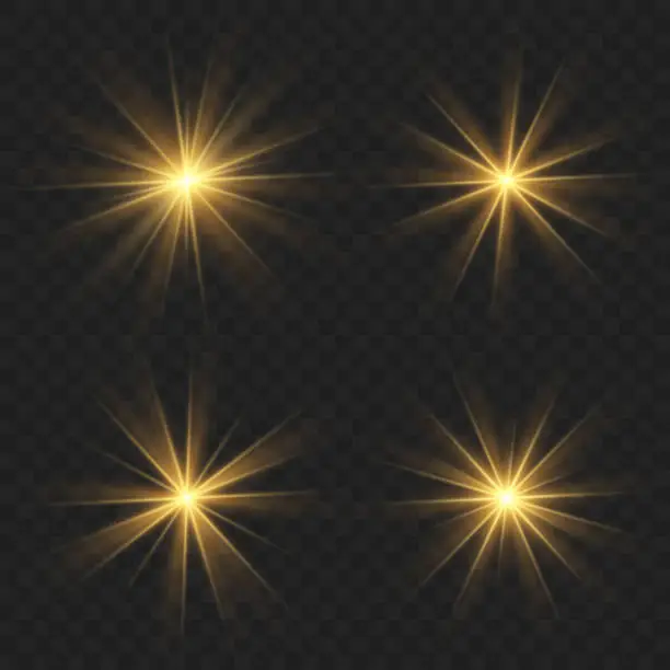 Vector illustration of Shining golden stars isolated on black background. Effects, glare, lines, glitter, explosion, golden light. Vector illustration.Set.