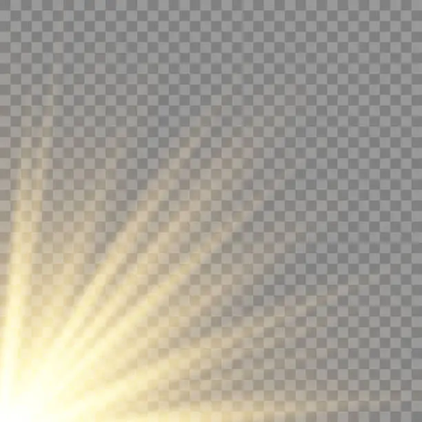 Vector illustration of Vector transparent sunlight special lens flash light effect.front sun lens flash. Vector blur in the light of radiance. Element of decor. Horizontal stellar rays and searchlight.