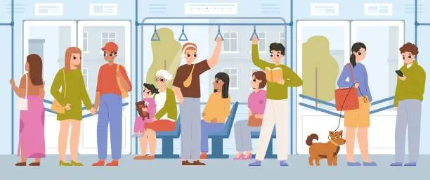 Vector illustration of People in bus, public place and travel. Urban transportation service, passengers crowd. Adults go to home or work, snugly vector city transport service